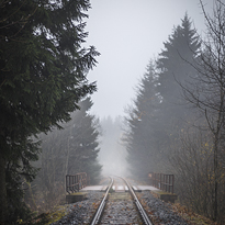 Mountain railway in foggy day.