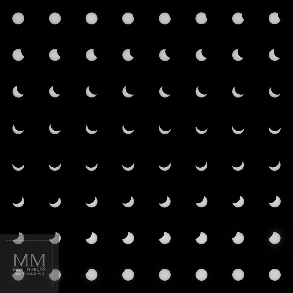 Complete course of partial Solar eclipse, observed in Czech Republic in 2015. Total of 64 individual phases. Fine Art large format photograph Paths of the Heaven Orbs. Photographer Martin Mojzis.