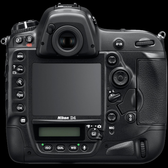 Nikon D4 – pohled na zadní část s pozměněným rozložením ovládacích prvků.
