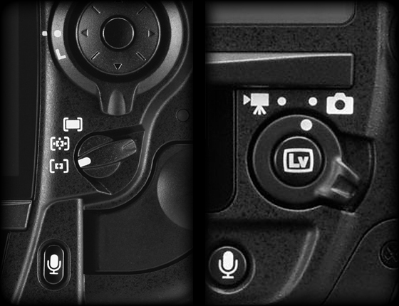 Volič režimů činnosti zaostřovacích polí Nikonu D3x. Tento důležitý ovladač byl u nové D4 nahrazen
voličem natáčení – fotografování.