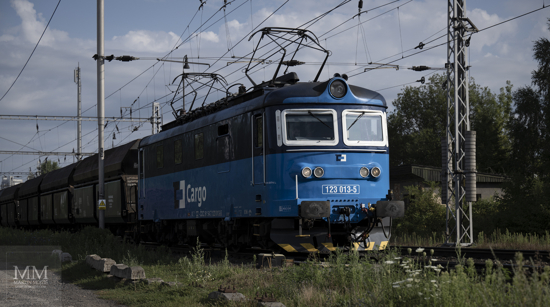 Lokomotiva 123 013-5 (Škoda 57E2) ČD Cargo v čele nákladního vlaku.