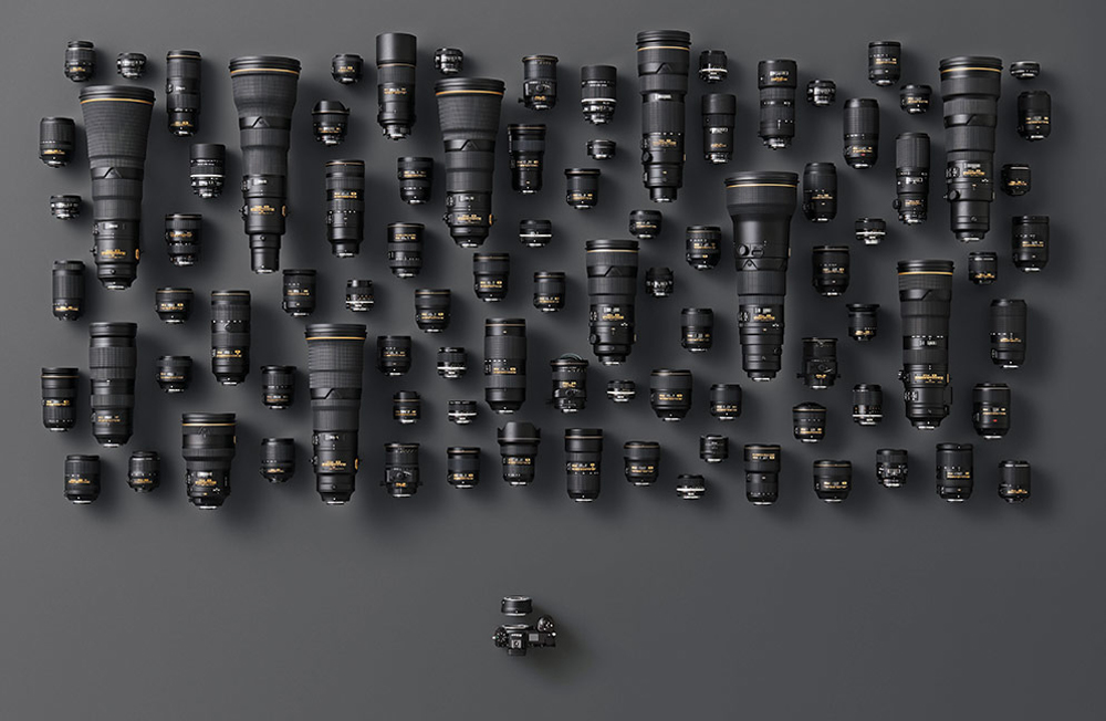Nikon Z7 camera and many Nikkor F lenses, that can also be used with this camera.
