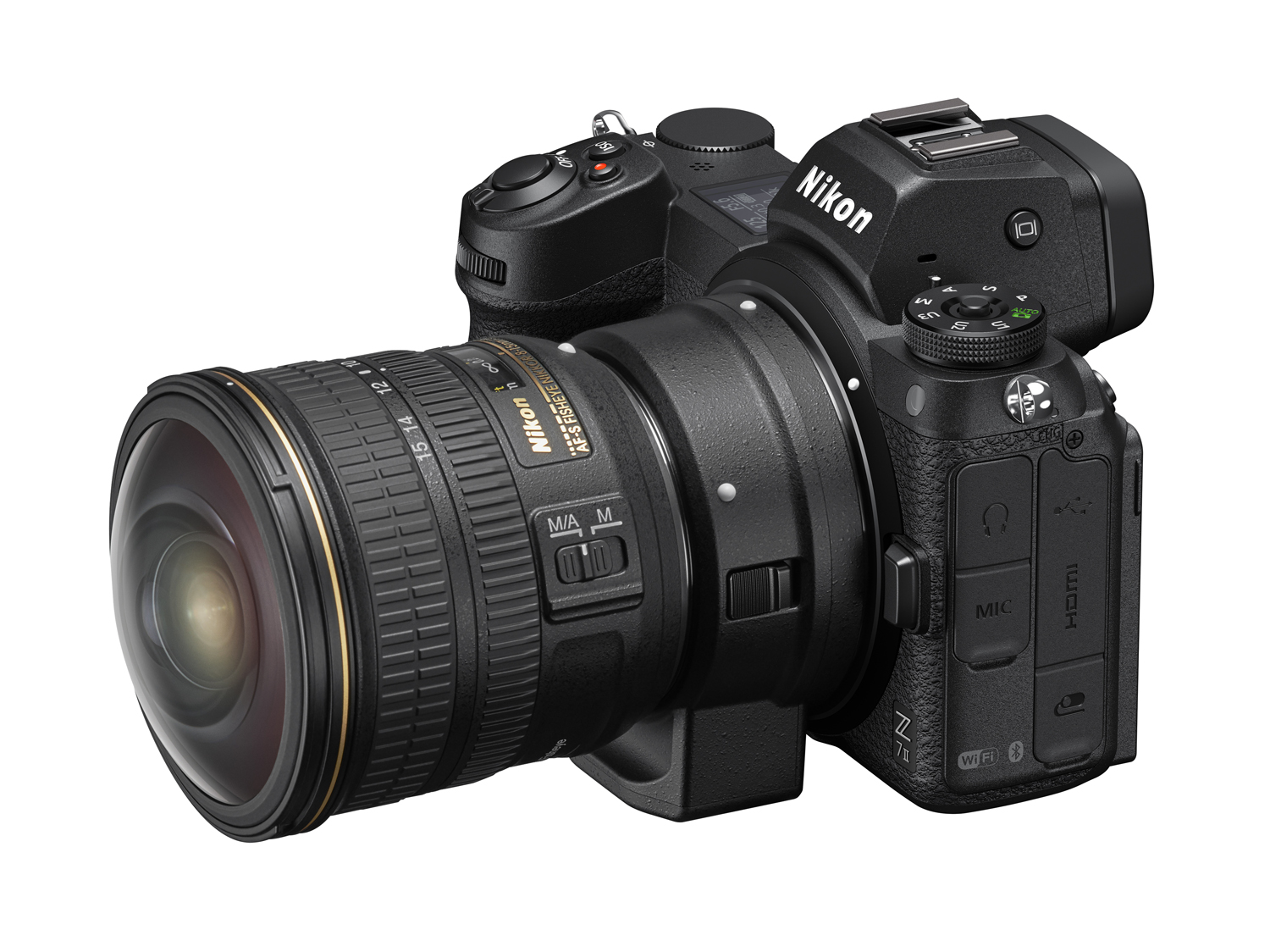 Nikkor F lens connected via adapter to Nikon Z7II.