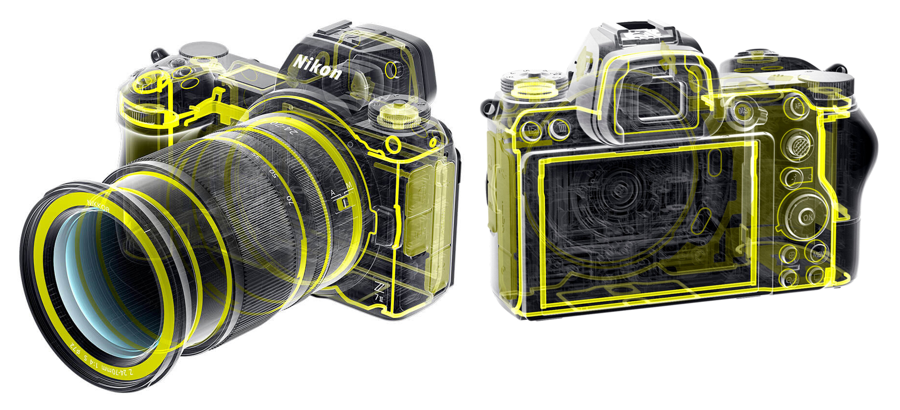 Schéma soustavy těsnění Nikonu Z7II a objektivu Nikkor Z 24 - 70 mm 1:4 S.
