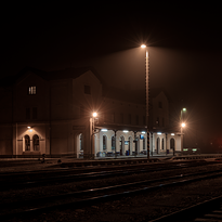 Foggy railway station at night. Title photograph of the gallery Diaries XXVI.
