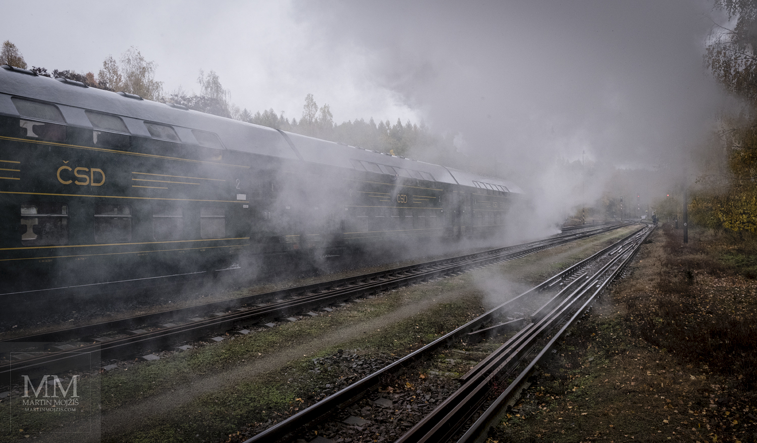 Large format, fine art photograph of steam clouds around historic railway cars. Martin Mojzis.