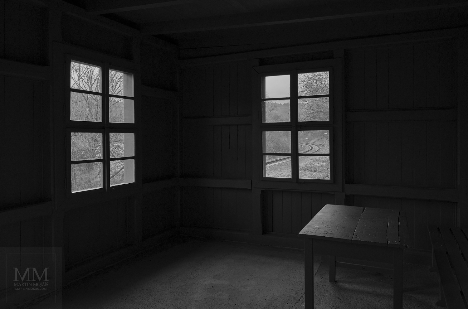 Fine Art large format black and white photograph of the railroad waiting house. Martin Mojzis.