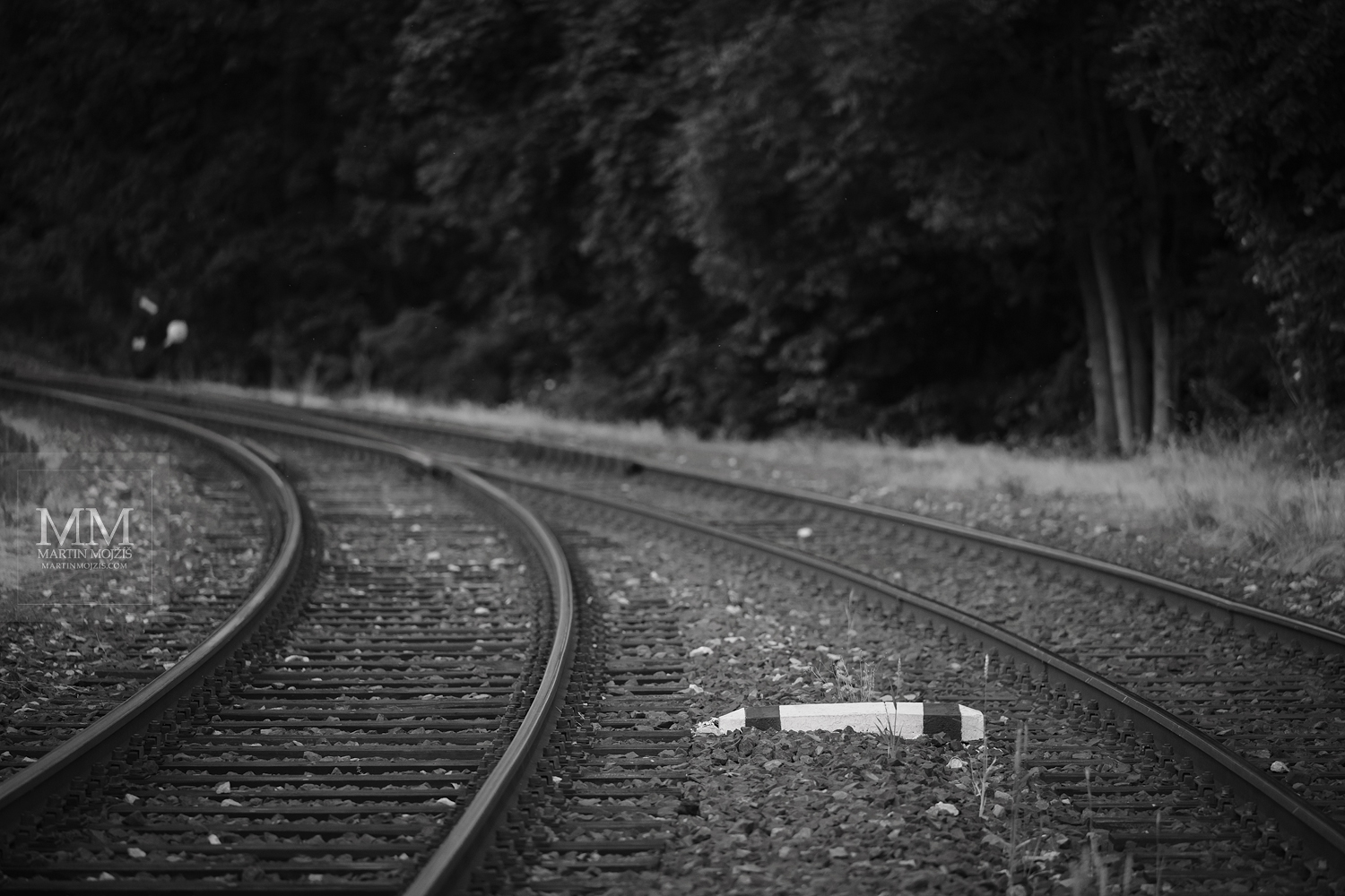 Railway boundary signal. Fine art black and white photograph BOUNDARY, photographed by Martin Mojzis.