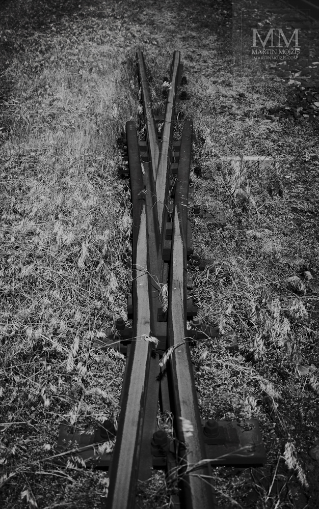 Část železniční výhybky v trávě. Umělecká černobílá velkoformátová fotografie s názvem KDE KONČÍ KOLEJE. Fotograf Martin Mojžíš.