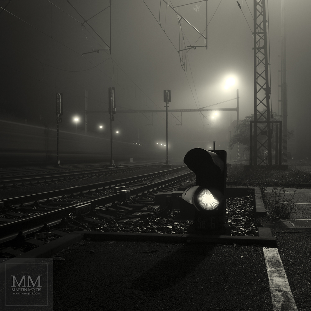Night foggy railway station. Photograph with title FOG AND NIGHT.