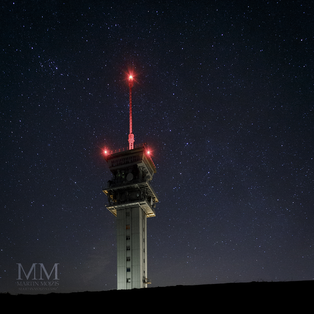 Large format Fine Art photograph of night landscape with starry heaven and large transmitter tower. Martin Mojzis.