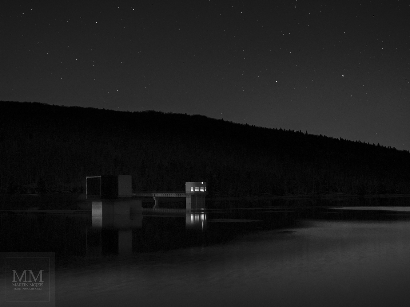 Black and white Fine Art photograph of the night dam. Martin Mojzis.