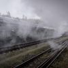 Large format, fine art photograph of steam clouds around historic railway cars. Martin Mojzis.