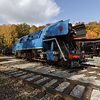Parní lokomotiva 477.043, zvaná pro svou výraznou modrou barvu také Papoušek. Železniční muzeum v Lužné u Rakovníka.